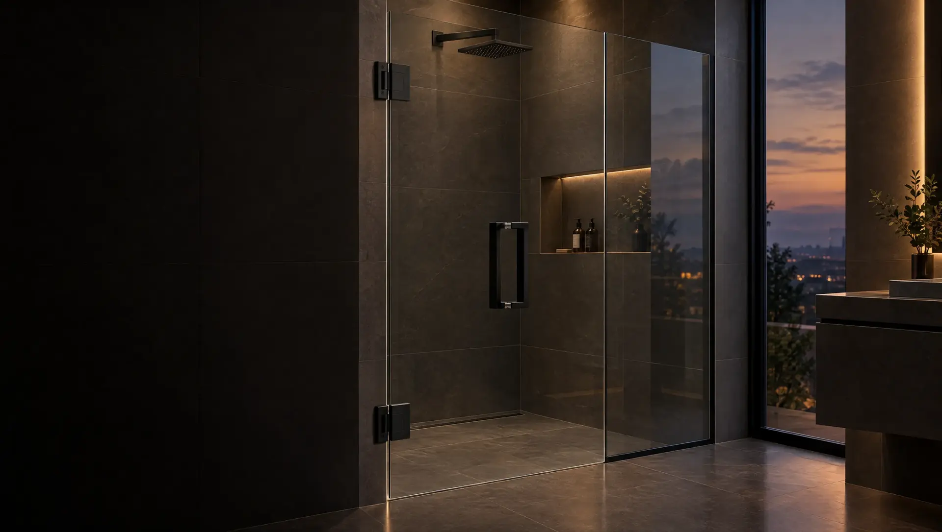 Frameless glass shower door with matte black hinges and a square pull handle