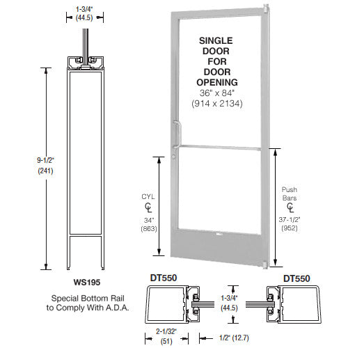 CRL-U.S. Aluminum Clear Anodized 250 Series Narrow Stile (RHR) HRSO Single 3'0 x 7'0 Offset Hung with Pivots for Surf Mount Closer Complete Door Std. Lock and 9-1/2" Bottom Rail