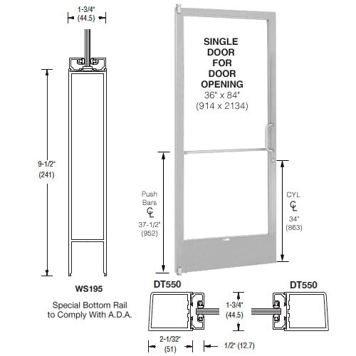 CRL-U.S. Aluminum Clear Anodized 250 Series Narrow Stile (LHR) HLSO Single 3'0 x 7'0 Offset Hung with Pivots for Surf Mount Closer Complete Door Std. Lock and 9-1/2" Bottom Rail