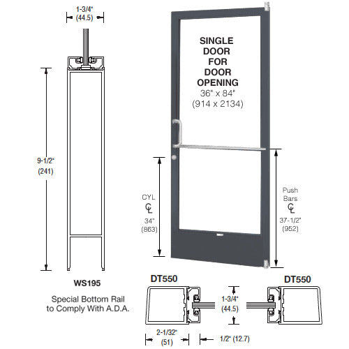 CRL-U.S. Aluminum Bronze Black Anodized 250 Series Narrow Stile (RHR) HRSO Single 3'0 x 7'0 Offset Hung with Pivots for Surf Mount Closer Complete Door Std. Lock and 9-1/2" Bottom Rail