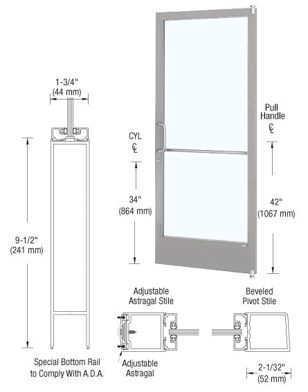 CRL-U.S. Aluminum Clear Anodized 250 Series Narrow Stile Active Leaf of Pair 3'0 x 7'0 Offset Hung with Pivots for Surf Mount Closer Complete Door Std. Lock and 9-1/2" Bottom Rail