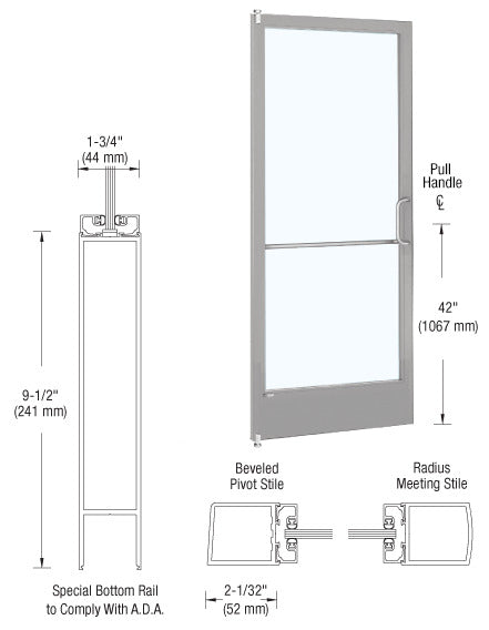 CRL-U.S. Aluminum Clear Anodized 250 Series Narrow Stile Inactive Leaf of Pair 3'0 x 7'0 Offset Hung with Pivots for Surf Mount Closer Complete Door Std. Lock and 9-1/2" Bottom Rail
