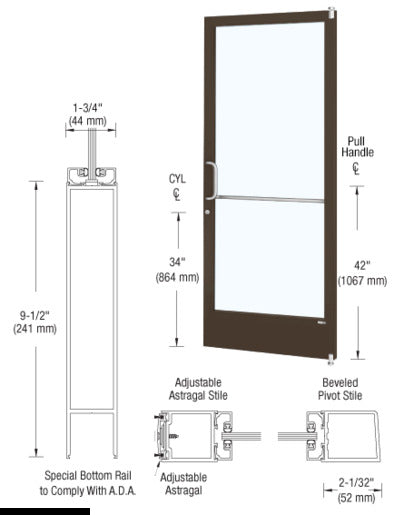 CRL-U.S. Aluminum Bronze Black Anodized 250 Series Narrow Stile Active Leaf of Pair 3'0 x 7'0 Offset Hung with Pivots for Surf Mount Closer Complete Door Std. Lock and 9-1/2" Bottom Rail