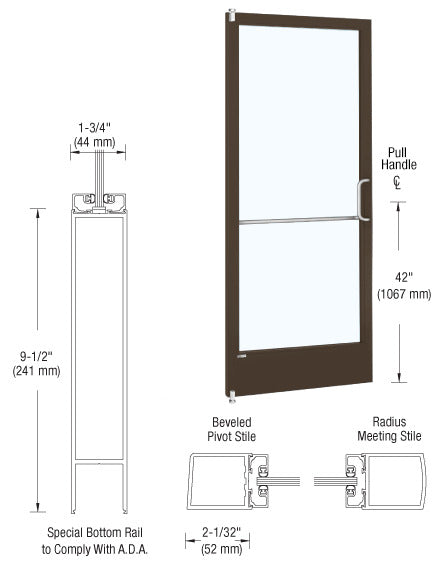 CRL-U.S. Aluminum Bronze Black Anodized 250 Series Narrow Stile Inactive Leaf of Pair 3'0 x 7'0 Offset Hung with Pivots for Surf Mount Closer Complete Door Std. Lock and 9-1/2" Bottom Rail